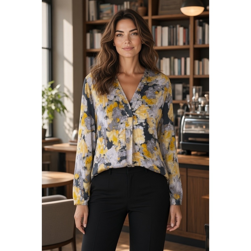 Lafayette 148 100% Silk Abstract Yellow and Gray V-Neck Long Sleeve Blouse XL